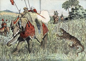 Prinsen av Wales (dåvarande Edvard VIII, dåvarande hertigen av Windsor) (1894-1972) resa till Brittiska Indien, här representerad under en tigerjakt" (Prins Edvard av Wales under en tigerjakt i Brittiska Indien av Unknown Artist