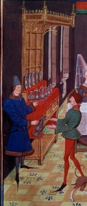 Bröllopsbanketten för Clarisse, dotter till kung Yvon av Gascogne och Renaud. Detalj som representerar tjänarna som kommer med vin. Miniatyr från manuskriptet "Renaud de Montauban" eller "Les quatre fils Aymon" av Loyset Liedet (aktiv mellan 1448 och 1478) av Unknown artist