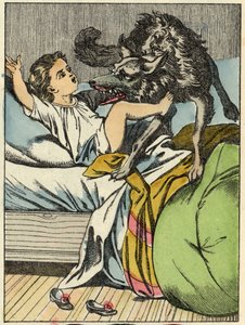 Vargen slår Rödluvan. Illustration av berättelsen "Rödluvan" av Charles Perrault av Unknown artist