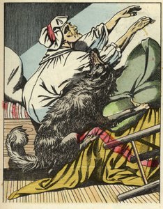 Vargen slår Rödluvans mormor. Illustration av berättelsen "Rödluvan" av Charles Perrault av Unknown artist