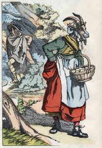 Vargen letar efter geten som lämnar sitt hem. Illustration av berättelsen "Compere le Loup, Maitre Renard, Comere la Chevre et ses petits biquets"" efter en fabel av Jean de la Fontaine. I "" Sagor från hemmet för de minsta"". Anonym gravyr av Unknown artist