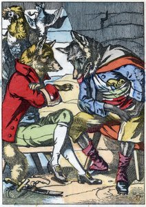 Vargen möter räven igen. Illustration av berättelsen "Compere le Loup, Maitre Renard, Comere la Chevre et ses petits biquets"" efter en fabel av Jean de la Fontaine. I "" Sagor från hemmet för de minsta"". Anonym gravyr från 1800-talet. av Unknown artist