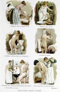 Kvinnan, hemläkare: vatten som ett botande medel. 1.Alution av en sjuk person i sängen, 2.Alution genom brand, 3.Alution alternerar i ett badkar, 4.Regndusch, 5.Dusch med ett kranrör av ett kök, 6.Vattna i en liten interiör - i “ Kvinnan, hemläkaren”” av Unknown artist