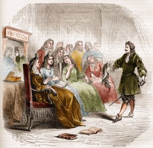 Författaren Georges de Scudery (1598-1667) under en litterär salong anordnad av hans syster, Madeleine de Scudery, 1650. Gravyr från 1860-1861. av Unknown artist