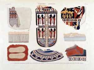 Thebe, Hypogees: 1.2.3.6.7.8. målningar från mumiekuvert 4.5. Detaljer om en lugg och en randig duk, hittade på mumier - i "" Beskrivning av Egypten"" 1809, Antiquite vol 2 pl 112 av Unknown artist