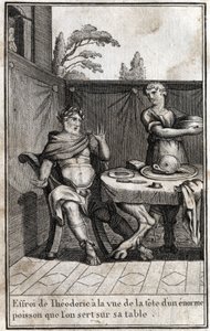 Theodorik den store (ca 454/455-526), kung av goterna, blir rädd vid åsynen av huvudet av en enorm fisk som serverar på hans bord. Gravyr i "Beaute de l