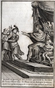 Theodosius I (Flavius Theodosius) (347-395), romersk kejsare, lät arrestera Amphiloque, eveque av Icone, för bristande respekt för sin son, Arcadius (377-408). Kvällen förklarar "När vi skyddar arianerna som förnekar Jesu Kristi gudomlighet, Guds son, måst av Unknown artist