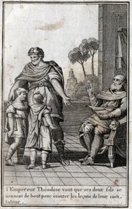 Theodosius I (Flavius Theodosius) (347-395), romersk kejsare, vill att hans två söner, Arcadius (377-408) och Honorius (384-423), ska stå upp för att lyssna på deras lärares lektioner. 4:e århundradet. Gravyr i "Beaute de l