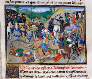 Tredje korståget: "Hur de kristna bekräftar Saladin"" Saladin (1138-1193) (Salah al Din Yusuf al-Ayyubi (al Ayyubi) besegrades av korstågen omkring 1191. Miniatyr från "" Chronicle abregee"" av David Aubert av Unknown artist