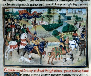Tredje korståget: Richard Lion Heart (eller Richard I av England (1157-1199) seglade i juni 1191 till det heliga landet vid Cyperns avgång Miniature hämtad från "Chronicles of Emperors"" av Loyset Liedet (1420-1479) 1400-talet. Paris, Arsenals bibliotek av Unknown artist