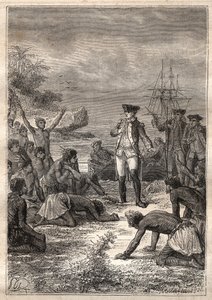 Tredje resan (1776-1779) av kapten James Cook (1728-1779): Cook välkomnas av de infödda (Hawaii) - illustration hämtad från "The Great Mariners of the 18th century" av Unknown artist