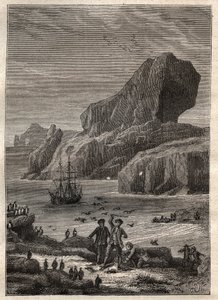 Tredje resan (1776-1779) av kapten James Cook (1728-1779): öarna Kerguelen (Kerguelens skärgård, Antarktis) - illustration hämtad från "" The Great Mariners of the 18th century"" av Unknown artist