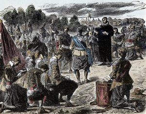 Trettioåriga kriget: Svenskar vid bön före slaget vid Luetzen - Trettioåriga kriget (1618-1648): Sveriges kung Gustave II Adolphe (1594-1632) och hans trupper samlas för ett religiöst firande före slaget vid Lutzen (1632) av Unknown artist