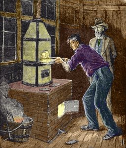 Thomas Edison experimenterar omkring 1879 med karbonpapper för glödlampan. av Unknown artist