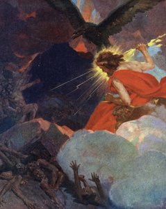 Titanomachia: framställning av Zeus som segrar över titaner (Titanomachia eller Titanomachy: Zeus och olympierna segrar över titanerna) Gravyr ur "Mina vackra mytologiska berättelser" av HS Bres, början av 1900-talet, privat samling av Unknown Artist