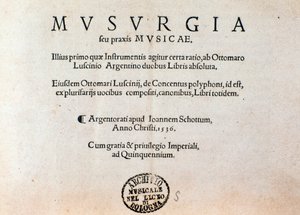Titelsidan för Musurgias praktiska handbok för musik (1536) av Unknown artist