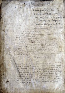 Titelsidan för ett manuskript: Erövringen av Saint Gréal, skriven 717 år efter vår herres passion. Bibliotheque Municipale de Rennes, ms. 255 (Samling av romaner av det runda bordet); Paris av Unknown artist