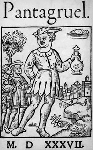 Titelsidan för 1537 års upplaga av Pantagruel, av Francois Rabelais - Jätten Pantagruel och två av hans apostlar, från 