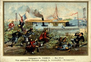 Tonkin-kampanj: i Bac-Ninh attackerar ett kinesiskt bakhåll vapenbåten "" Carabiner"" - chromo., sent 1800-tal av Unknown artist