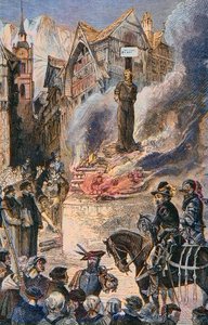 Tortyr av Michel Servet i Genève (Michael Servetus) (Michel de Villeneuve) Spansk läkare och teolog (1511-1553) - Le torice de Michel Servet (Miguel Serveto) (1511-1553) en Genève, spansk läkare och teolog Gravyr av Unknown artist