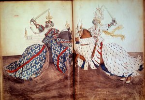 Turnering: Spel med den kallande herren och svarande herren (hertigen av Bretagne och hertigen av Bourbons ansikte). Manuskript "" Book of tournaments"" (Folio 32v - folio33) av Rene d