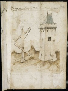 Tornmätmaskin - Manuskript: pergamentark av en ingenjörsmanual för konstruktion av civila, religiösa och militära byggnader, anonym, sent 1400-tal (figur med kinesiskt bläck) av Unknown artist