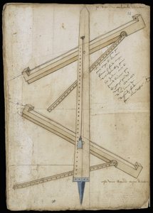 Tornmätmaskin - Manuskript: pergamentark av en ingenjörsmanual för konstruktion av civila, religiösa och militära byggnader, anonym, sent 1400-tal (figur med kinesiskt bläck) av Unknown artist
