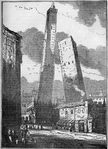 Towers of Bologna - Asinelli-tornet och det mindre Garisenda-tornet - gravyr från 1800-talet av Unknown artist
