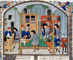 Handelsscen: köpmän i en butik presenterar servis och bestick till sina kunder. Miniatyr hämtad från en upplaga av "Ethical, Political and Economic"" av den grekiske filosofen Aristoteles (384-322 f.Kr.) av Unknown artist