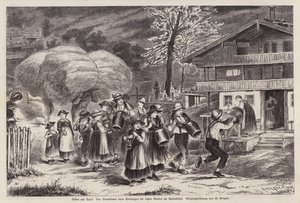 Traditionell ringning i koklockor för att fira att den sista skörden bärgats i Alpbachtal, Tyrolen, Österrike (gravyr) av Unknown artist