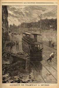 Spårvagnsolycka i Sevres, materiella skador men inga personskador. Gravyr i "" Le petit journal"" 1897-01-24. Selva samling. av Unknown artist