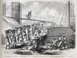 Transport av kol ombord på ångfartyg i Kingston (Jamaica) - Lastning av kol i Kingston - Jamaica - 1866 Gravyr från "" The Illustrous Universe"" 1866 av Unknown artist