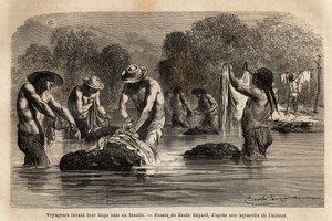 Resenärer som tvättar sin smutstvätt i floden, tillsammans med bolivianska peoner, i närheten av Maniri (Nedre Peru). Engravure pour illustrrer le voyage dans les vallees de Quinquinas, av Paul Marcoy, 1849-1861, publicerad i "" Le tour du monde""" 18 av Unknown artist