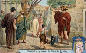 Resande bokhandlare i antikens Grekland. Kromolitografi, Liebig-bild. av Unknown artist