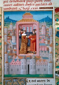 Konflansfördraget den 5/10/1465 mellan kung Ludvig XI och Charles de Charolais (senare Charles the Temeraire avslutade adelsupproret eller League of Public Good. Miniatyr från "Les chronicles de Monstrelet" av Enguerrand de Monstrelet (1400-1453) 1400-tale av Unknown artist