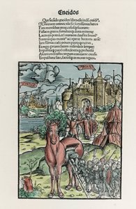 Trojan: Grekiska krigare lämnar hästen när den har korsat stadsmuren. Eneide. Xylografi av Sebastian Brant. Strasbourg av Unknown artist