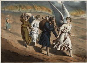 Två änglar vägleder Loth och hans döttrar som måste lämna staden Sodom, som liksom Gomorra förstörs av Gud. Loths fru som återvänder till staden trots förbudet kommer att förstenas som en saltstaty. Anonym gravyr från mitten av th av Unknown artist