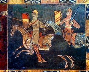 Två riddare i sidan av nätet går till strid Detalj av dekorationen av en bröllopslåda som skildrar scener av seigneurialt liv. 1300- eller 1400-talet. Vannes, Vannes museum av Unknown artist
