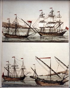 Typiska båtar för de barbariska piraterna, - i "Den antika och moderna kostymen" "de Ferrario, Milano av Unknown artist