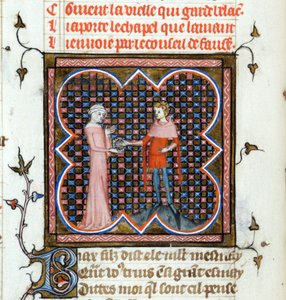 ""En ung man och en gammal kvinna"" Upplyst sida från manuskriptet ""Le Roman de la Rose"" av Guillaume de Lorris (cirka 1200-1238) och Jean de Meun (Meung) (1240-1305) runt 1353 Schweiz Genève bibliotek av Unknown artist