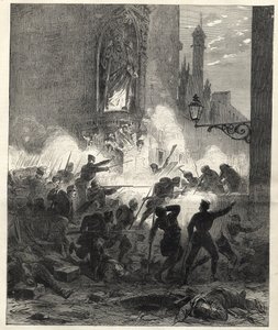 Republikanernas uppror i Katalonien: strider i Barcelona natten mellan den 25 och 26 september 1869 - Sexenio Democratico (sex år demokrati) - Spanien under general Francisco Serranos styre 1869/1870 - Republikanskt uppror i Katalonien: bar av Unknown artist