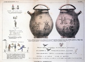 Olika illustrationer och inskriptioner som brottslingar lämnat på keramiska vaser: studie av Cesare Lombroso (1835-1909), italiensk kriminolog i "Den kriminella mannen" (L