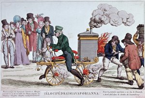 Velocipedraisiavaporianna: ångvelocipede - gravyr omkring 1818, Bibl. av staden Paris. av Unknown artist