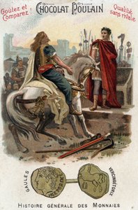Vercingetorix (72-46 f.Kr.), ledare för det galliska upproret, lägger ner vapen vid Cesars fötter (100-44 f.Kr.), efter att ha definitivt förlorat staden Alesia - In General History of Coins - Chocolate-Foal Chromolithography of the late 1800-talet - Priva av Unknown artist