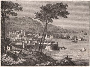Utsikt från en trädbevuxen kulle i staden Barcelona, Katalonien, Spanien av Unknown