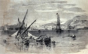 Utsikt över Korfu i Grekland från ön Vido. Gravyr från början av 1800-talet av Unknown artist