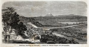 Utsikt över Homoura, förort till Yokohama, med berget Fuji i bakgrunden. Gravyr för att illustrera resan till Japan 1863-1864, av Aime Humbert, minister för Schweiziska edsförbundet, i "Le tour du monde, nouveau journal des voyages", publicerad under av Unknown artist