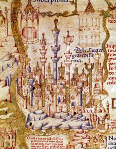 Vy över New Delhi i Indien Detalj av världskartan av broder Maurus (Mauro) Camaldolese 1400-talets Biblioteca Marciana, Venedig av Unknown artist
