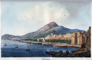 Vy över Palermo på 1800-talet - gravyr från "" Användning och seder för alla folk i universum. Det vill säga historien om regeringen, om lagarna, om milisen, om religionen för alla nationer från de mest avlägsna tiderna till våra dagar "1856 av Unknown artist