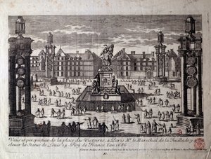 Vy över Place des Victoires i Paris med statyn av Ludvig XIV rest av marechal de la Feuillade 1686. Gravyr av 1600-talets Paris, Musee Carnavalet av Unknown artist